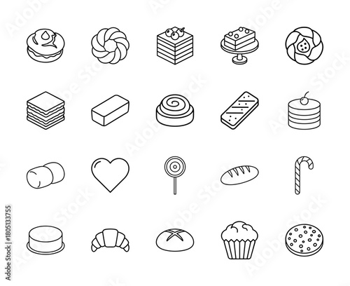 Bakery line icon set. Vector pictograms of cakes, cookies, croissants, donuts, breads, candies, and various sweet pastries, thin linear illustration.