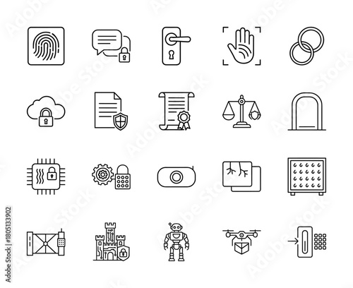 Digital security and privacy line icon set. Vector pictograms of fingerprint, cloud data, document, access control, robot, drone, and microchip, thin linear illustration.