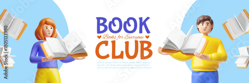 Book club 3D plastic style vector banner design, books for everyone, people with literature in hands, library bookstore
