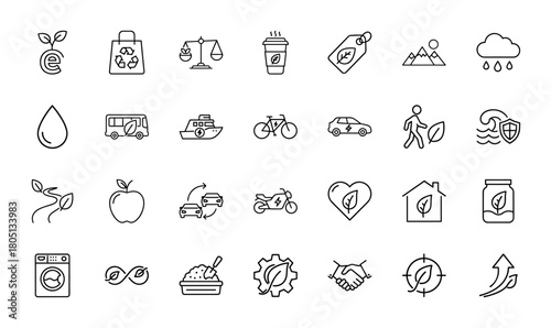 Sustainability and ecology line icon set. Vector pictograms of sprout, recycle bag, scales, coffee cup, mountains, rain, electric car, eco-house, gear, and growth, thin linear illustration.