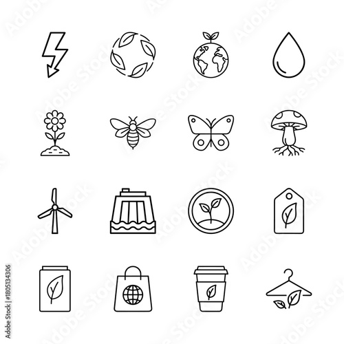 Ecology and sustainability line icon set. Vector pictograms of lightning, earth, water drop, wind turbine, dam, flower, bee, eco tag, and reusable cup, thin linear illustration.