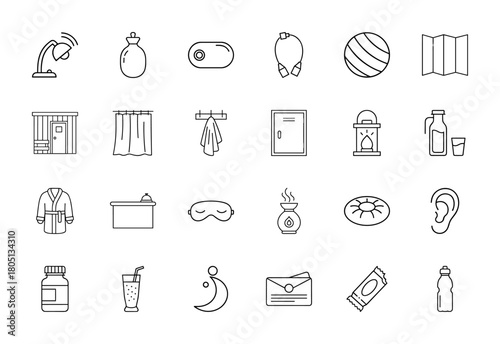 Spa and wellness line icon set. Vector pictograms of sauna, bathrobe, sleep mask, diffuser, massage stone, locker, water bottle, lamp, exercise ball, and map, thin linear illustration.