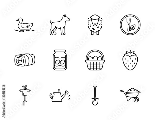 Agriculture line icon set. Vector pictograms of duck, dog, sheep, vegan food, hay, eggs, basket, strawberry, scarecrow, watering can, shovel, and wheelbarrow, thin linear illustration.