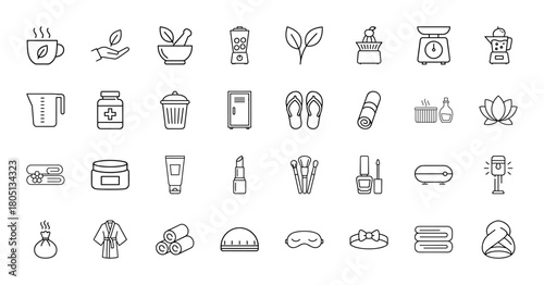 Spa and wellness line icon set. Vector pictograms of mortar and pestle, leaf, scale, flip-flops, rolled towels, cream jar, lipstick, and lotus flower, thin linear illustration.