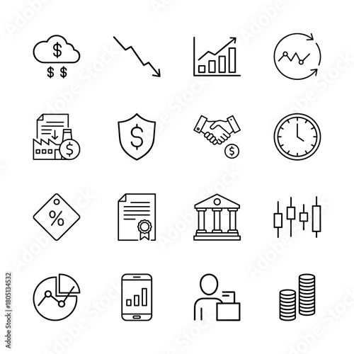 Business and finance line icon set. Vector pictograms of financial growth, market trends, security, contracts, banking, deals, and investment, thin linear illustration.