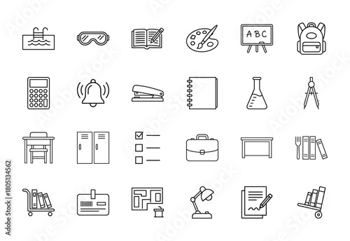 Education and office line icon set. Vector pictograms of a swimming pool, book, palette, chalkboard, backpack, calculator, notebook, desk, briefcase, and lamp, thin linear illustration.