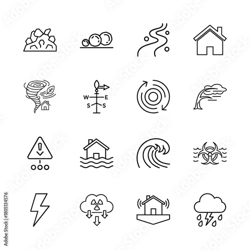 Natural disaster and hazard line icon set. Vector pictograms of landslide, tornado, flood, hail, earthquake, lightning, and biohazard, thin linear illustration.