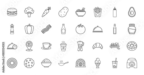 Food and restaurant line icon set. Vector pictograms of burger, vegetables, fries, sushi, donut, coffee, cooking tools and ingredients, thin linear illustration.
