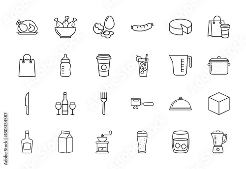 Food and drink line icon set. Vector pictograms of roast, eggs, cheese, coffee, pot, knife, wine, milk, blender, shopping bag, thin linear illustration.