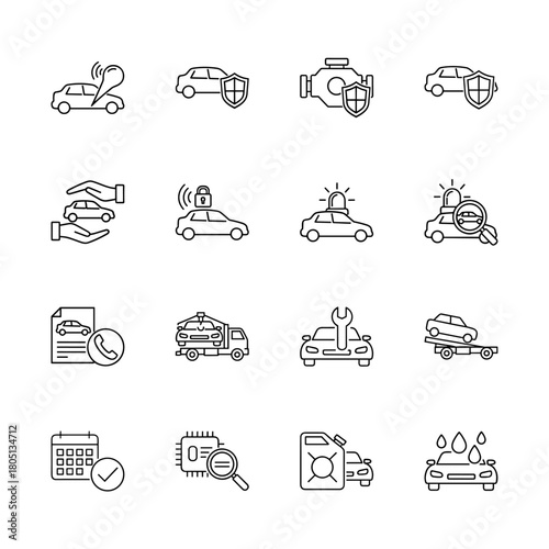Automotive services line icon set featuring GPS tracking, security, engine protection, sales, remote lock, police, towing, repair, diagnostics, and car wash, line art.