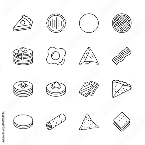 Food and breakfast line icon set. Vector pictograms of pie, pancakes, fried egg, bacon, toast, and various savory and sweet snacks, thin linear illustration.