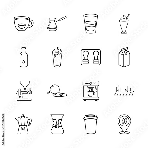 Coffee shop and beverage line icon set. Vector pictograms of a coffee cup, Turkish pot, milkshake, espresso machine, grinder, and location pin, thin linear illustration.