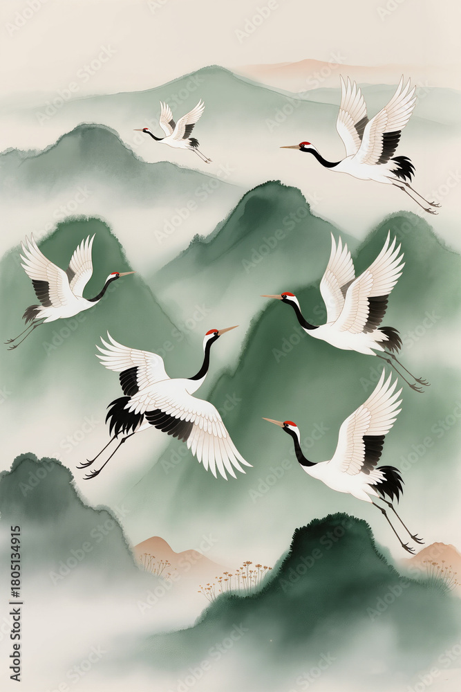 Obraz premium Traditional ink-style cranes flying over misty green mountains, symbolizing harmony, nature, serenity and decorative fine-art wall print