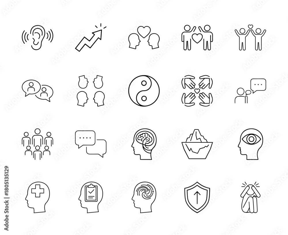 Fototapeta premium Psychology and communication line icon set. Vector pictograms of ear, growth, love, support, dialogue, group, yin-yang, brain, insight, mental health, and stress, thin linear illustration.