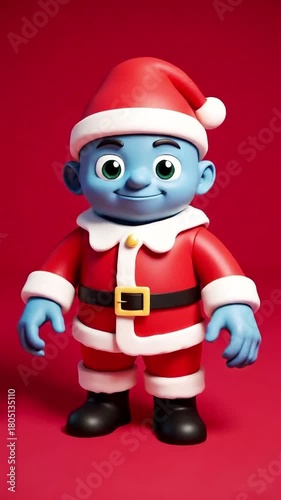A 3D animation featuring a Santa's helper dressed in typical Christmas attire, laughing happily, against a red background. Perfect loop.