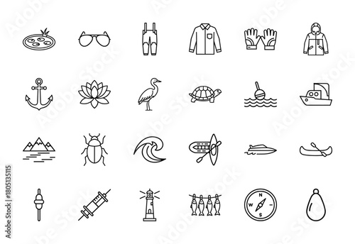 Outdoor recreation line icon set. Vector pictograms of pond, sunglasses, anchor, heron, turtle, boat, mountains, kayak, lighthouse, compass, and fishing gear, thin linear illustration.