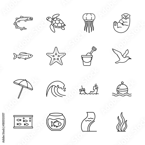 Marine and beach line icon set. Vector pictograms of barracuda, sea turtle, jellyfish, otter, starfish, umbrella, shipwreck, buoy, aquarium, and wave, thin linear illustration.