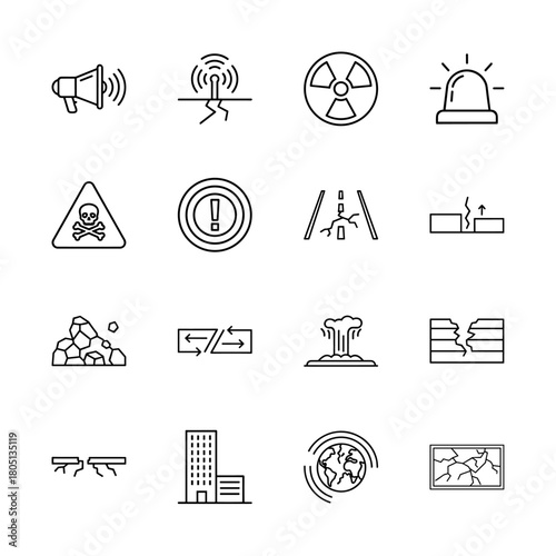 Natural disaster and hazard line icon set. Vector pictograms of megaphone, earthquake, radiation, siren, danger sign, cracked road, landslide, and volcano, thin linear illustration.