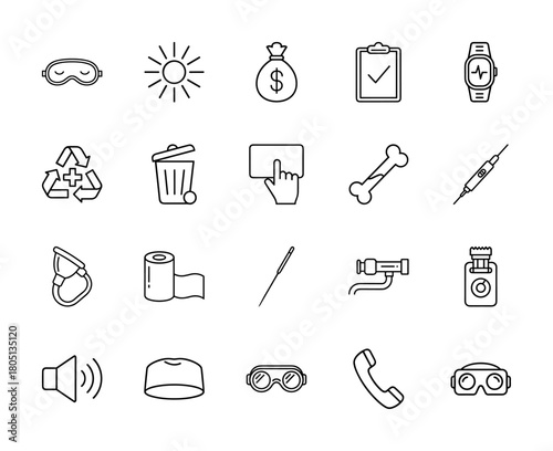 General line icon set. Vector pictograms of sleep mask, sun, money bag, smartwatch, recycle symbol, bone, needle, action camera, and VR headset, thin linear illustration.
