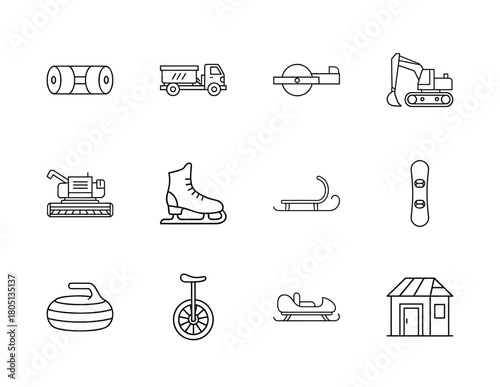 Heavy machinery, winter sports, and leisure activity line icons featuring dump truck, excavator, road roller, ice skate, snowboard, unicycle, sled, and curling stone. Thin line vector illustration.