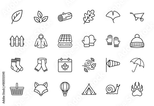 Autumn season and nature line icon set. Vector pictograms of leaves, log, fence, jacket, mittens, socks, scarf, umbrella, tent, hot air balloon, thin linear illustration.