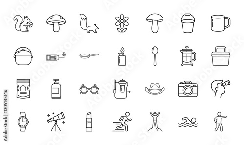 Outdoor activities and camping line icon set. Vector pictograms of squirrel, mushroom, matches, camera, binoculars, watch, telescope, runner, and swimmer, thin linear illustration.