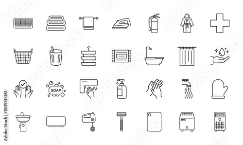 Hygiene and household line icon set. Vector pictograms of towels, iron, bathtub, shower, soap, hands, sink, razor, laundry basket, washing machine, health cross, thin linear illustration.