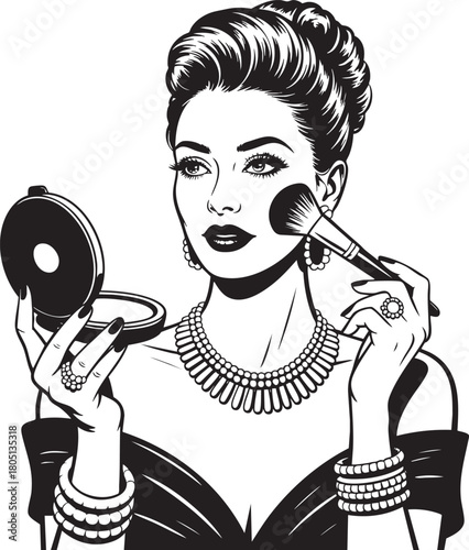 A vintage-style illustration of a woman with an elegant updo applying blush with a makeup brush while looking in a compact mirror.