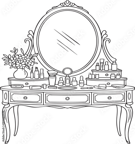 A detailed sketch of an ornate vanity table featuring an oval mirror, drawers, and various makeup items, including bottles and a vase of flowers.