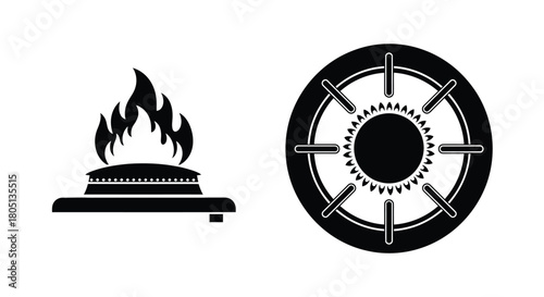 Black and white icons depicting a burning gas stove and stovetop burner