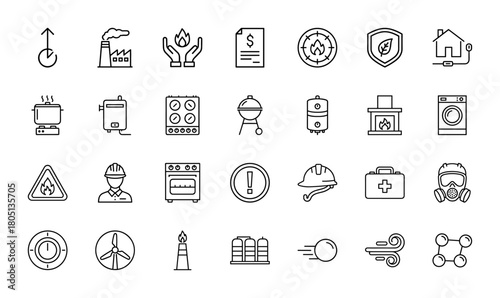 Heating, energy, and safety line icon set. Vector pictograms of factory, fireplace, boiler, worker, hard hat, gas mask, utility bill, and wind turbine, thin linear illustration.