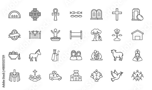 Christianity line icon set. Vector pictograms of cross, dove, lamb, fish, baptism, ankh, tablets, Easter eggs, church, stable, and congregation, thin linear illustration.