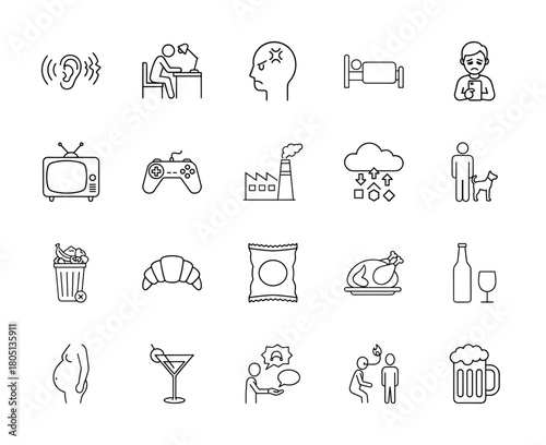 Lifestyle and daily activities line icon set. Vector pictograms of human experiences, emotions, technology, food, beverages, and common objects, thin linear illustration.