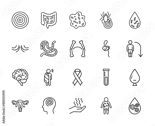 Medical line icon set. Vector pictograms of intestine, brain, bones, uterus, bacteria, tick, worm, test tube, blood, and awareness ribbon, thin linear illustration.