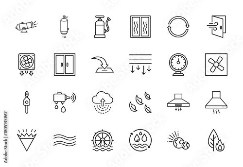 Climate and environment line icon set. Vector pictograms of fan, window, gas tank, pump, exhaust hood, air flow, water drops, leaves, and climate, thin linear illustration.