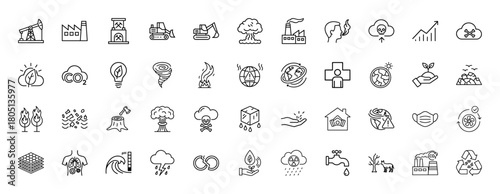 Environmental line icon set featuring pollution, CO2, global warming, cracked earth, hand plant, wildfire, plastic, gas mask, recycle, tornado, and radiation, thin linear illustration.