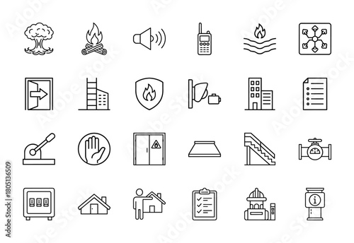 Emergency and safety line icon set. Vector pictograms of fire, disaster, alarm, exit, building, shield, checklist, communication, sprinkler, and warning, thin linear illustration.