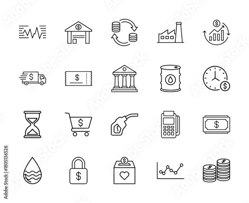 Financial and business line icon set. Vector pictograms of bank, factory, delivery, receipt, shopping, payment, money, and chart, thin linear illustration.