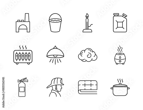 Fire and heating line icon set. Vector pictograms of furnace, bucket, burner, jerrycan, heater, lamp, humidifier, and extinguisher, thin linear illustration.