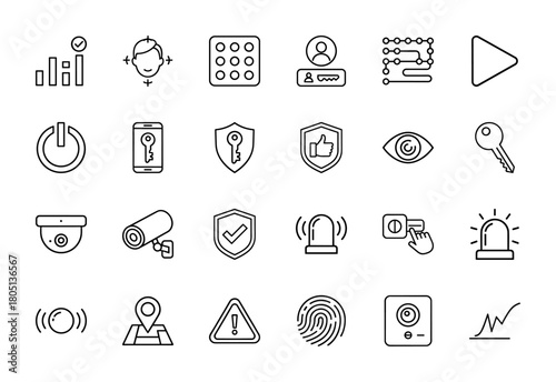 Information technology security line icon set. Vector pictograms of face recognition, user access, security keys, surveillance cameras, and fingerprint, thin linear illustration.
