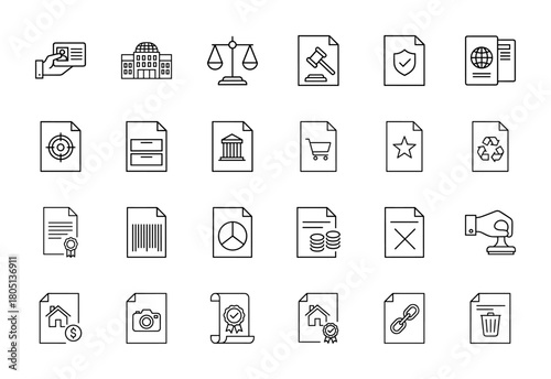 Legal and administrative document icon set. Vector pictograms of ID card, courthouse, scales, gavel, passport, financial, and certified documents, thin linear illustration.