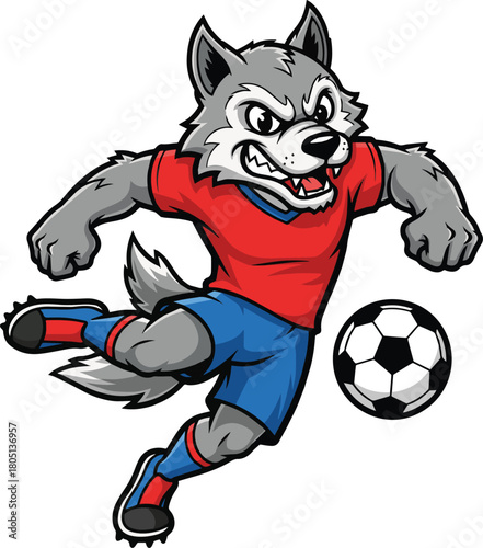 Wolf soccer mascot kicking ball vector illustration