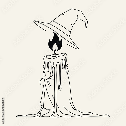 A whimsical candle with a witch hat isolated on
