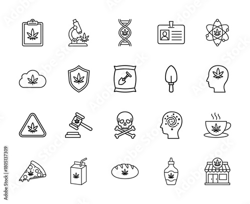 Cannabis industry line icon set. Vector pictograms of marijuana leaf on clipboard, microscope, DNA, atom, food, and storefront, thin linear illustration.
