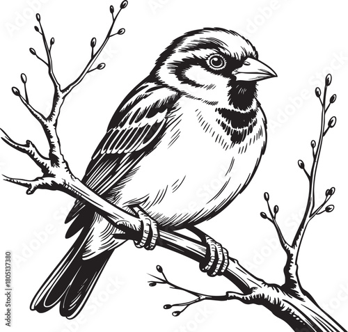 A finely detailed black and white illustration of a small bird, likely a sparrow, perched on a leafless tree branch with delicate twigs.