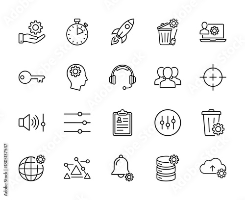 Technology and administration line icon set. Vector pictograms of gear, stopwatch, rocket, user laptop, key, headphones, group, target, sliders, globe, database, cloud, thin linear illustration.