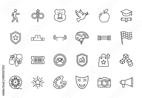 Diverse subjects line icon set. Vector pictograms of athlete, torch, dove, apple, graduation cap, podium, gamepad, and camera, thin linear illustration.
