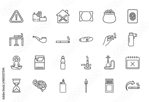 Addiction and health line icon set. Vector pictograms of smoking, tobacco pipe, no smoking house, cigar, meditation, hookah, brain, matchbox, thin linear illustration.