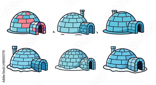 A collection of cartoon igloos in varying shades of blue and white