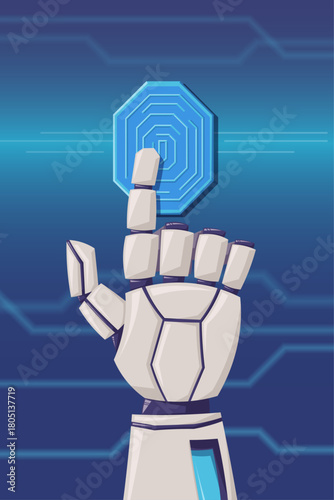 Futuristic robot hand activating digital biometric scanner in sci-tech concept